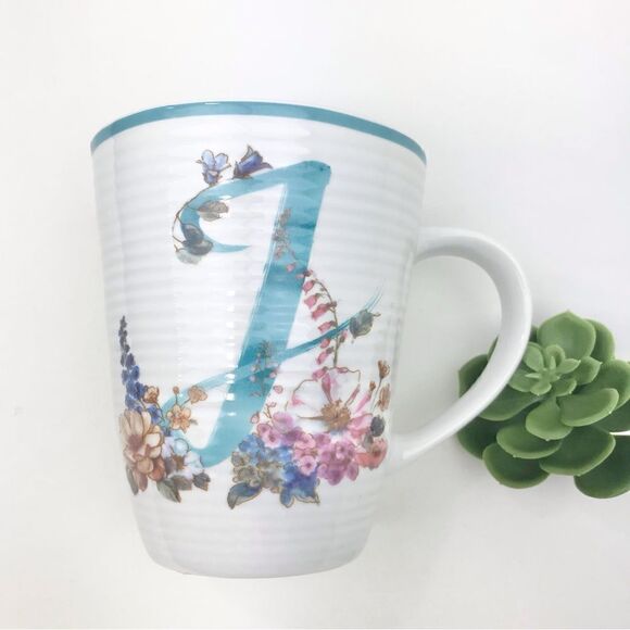 Lisa Audit Monogram Letter “J” Ribbed Floral Initial Word Mug - Picture 1 of 13